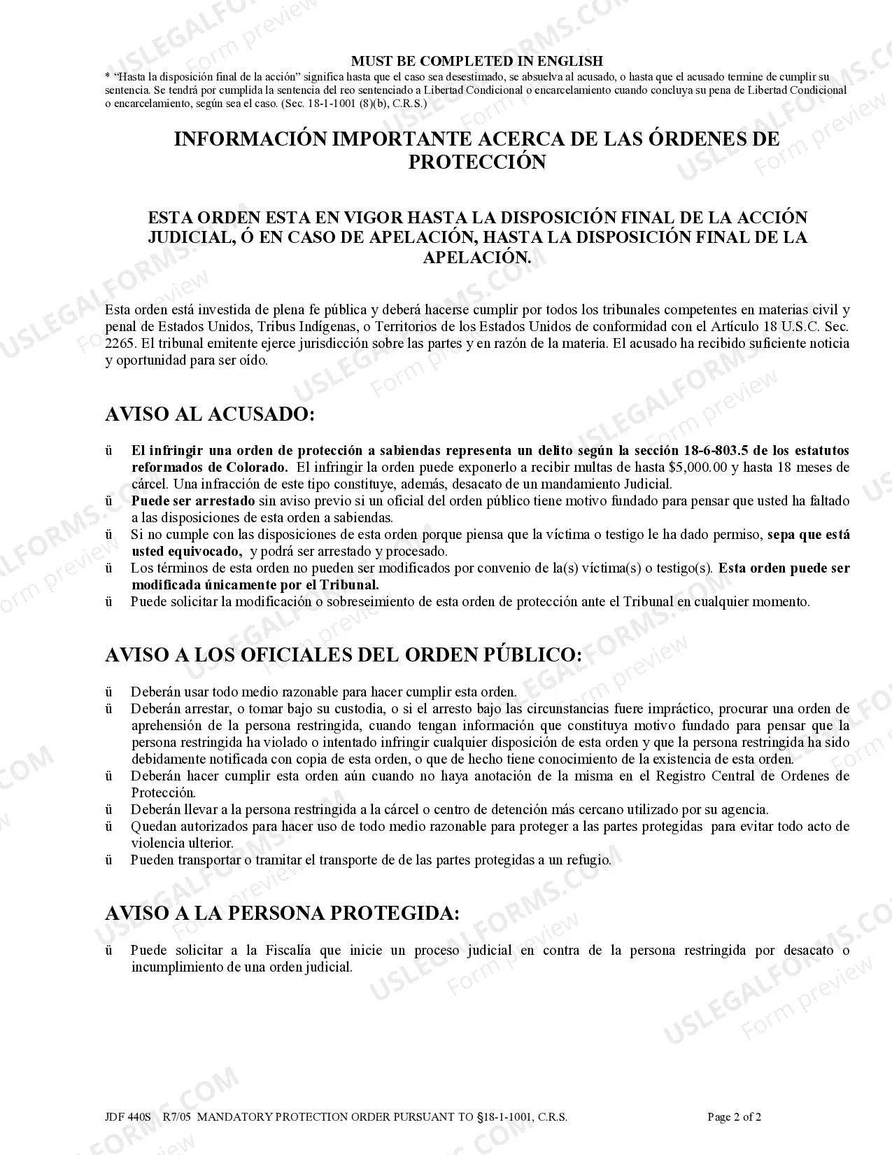 Preview Mandatory Protection Order Pursuant - Section 18-1-1001 C.R.S - Spanish
