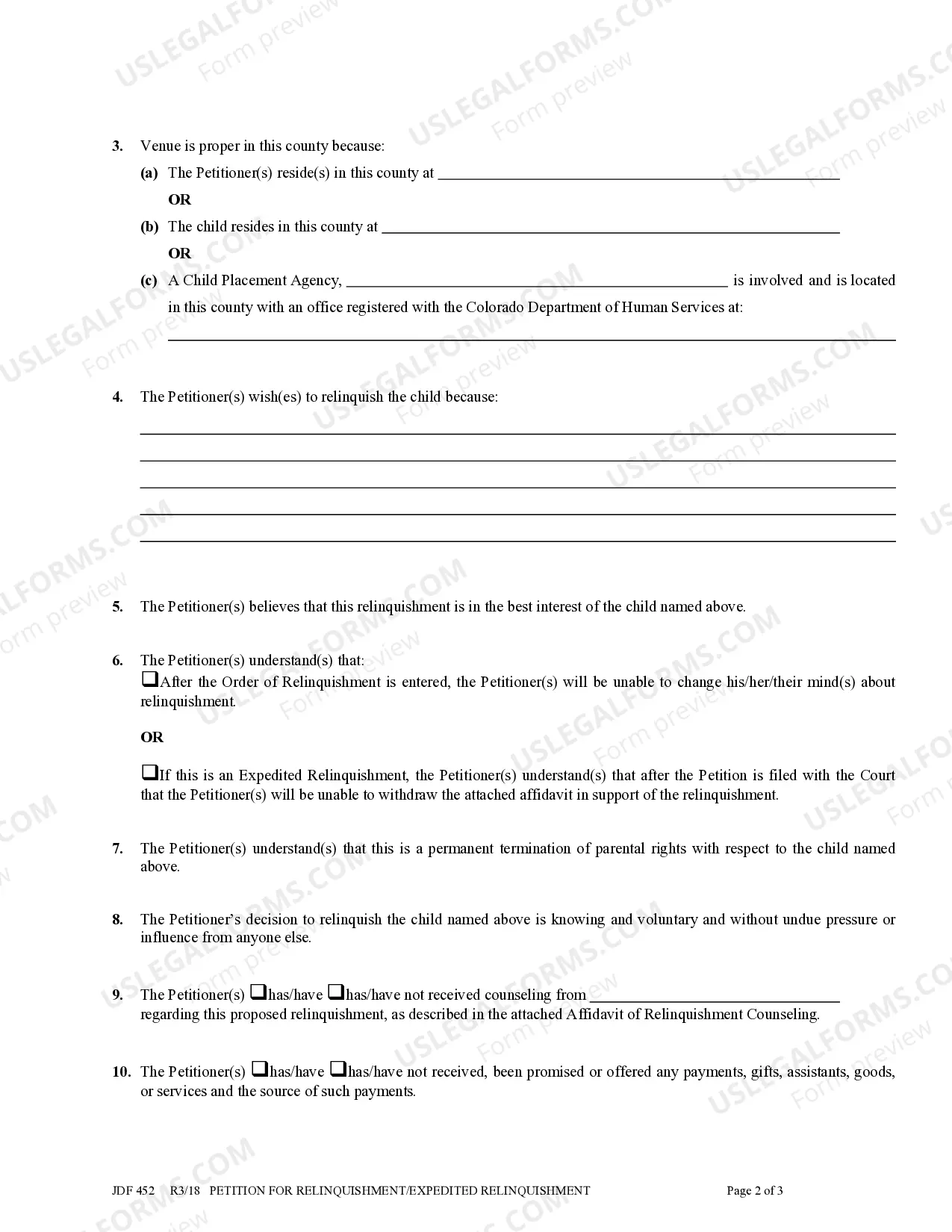 Preview Petition for Relinquishment - Release of Parental Rights