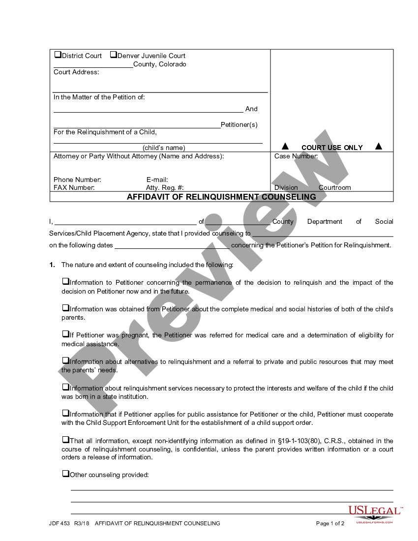 Colorado Affidavit of Relinquishment Counseling | US Legal Forms