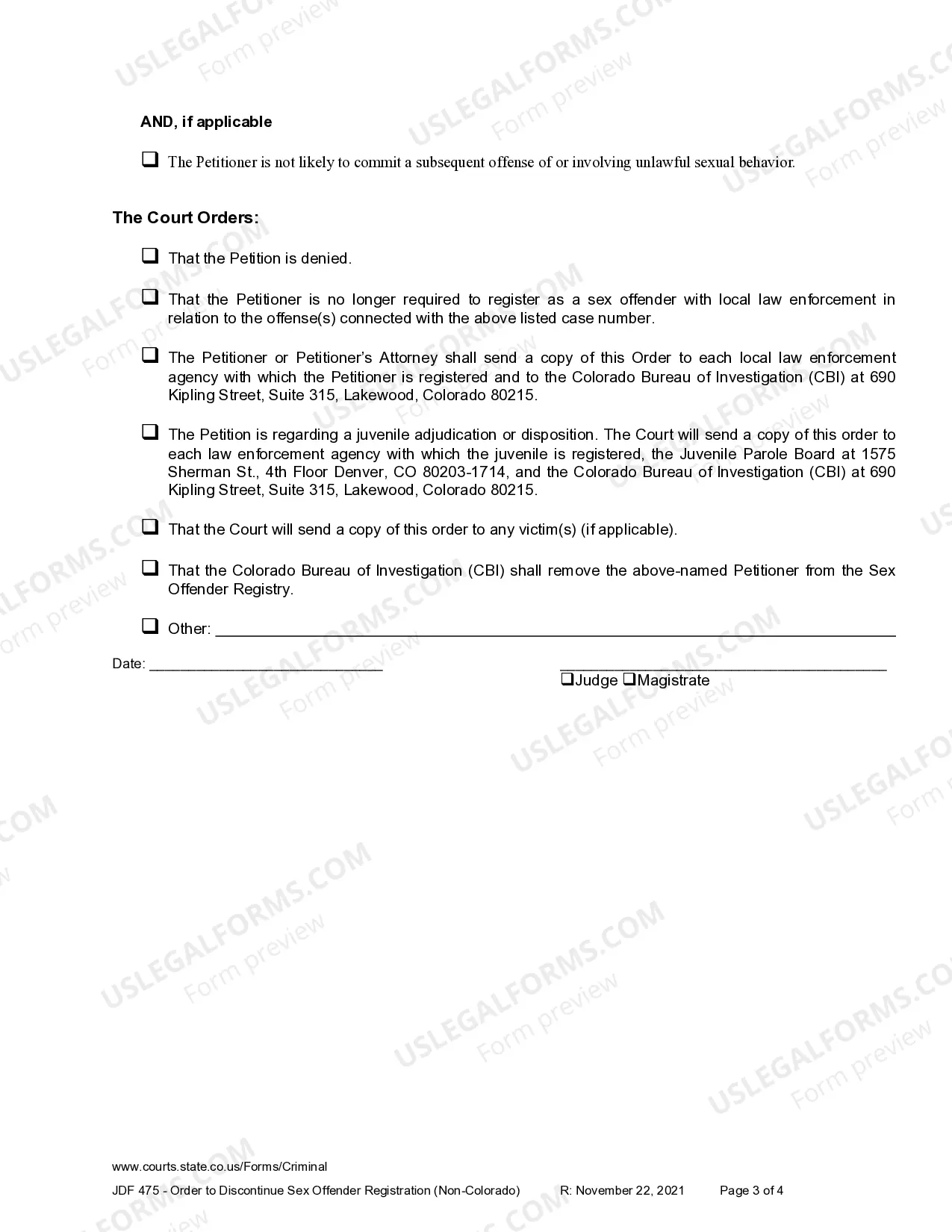Preview Order to Discontinue Sex Offender Registration - Non-Colorado Conviction