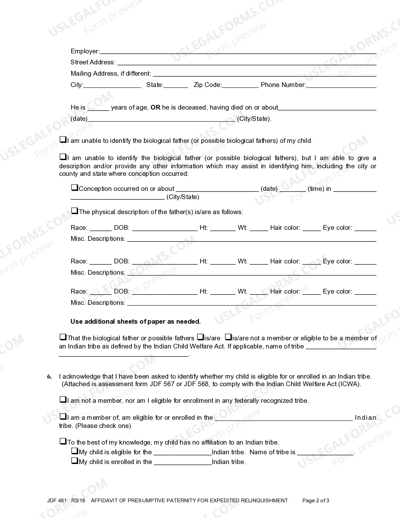 Preview Affidavit of Presumptive Paternity for Expedited Relinquishment