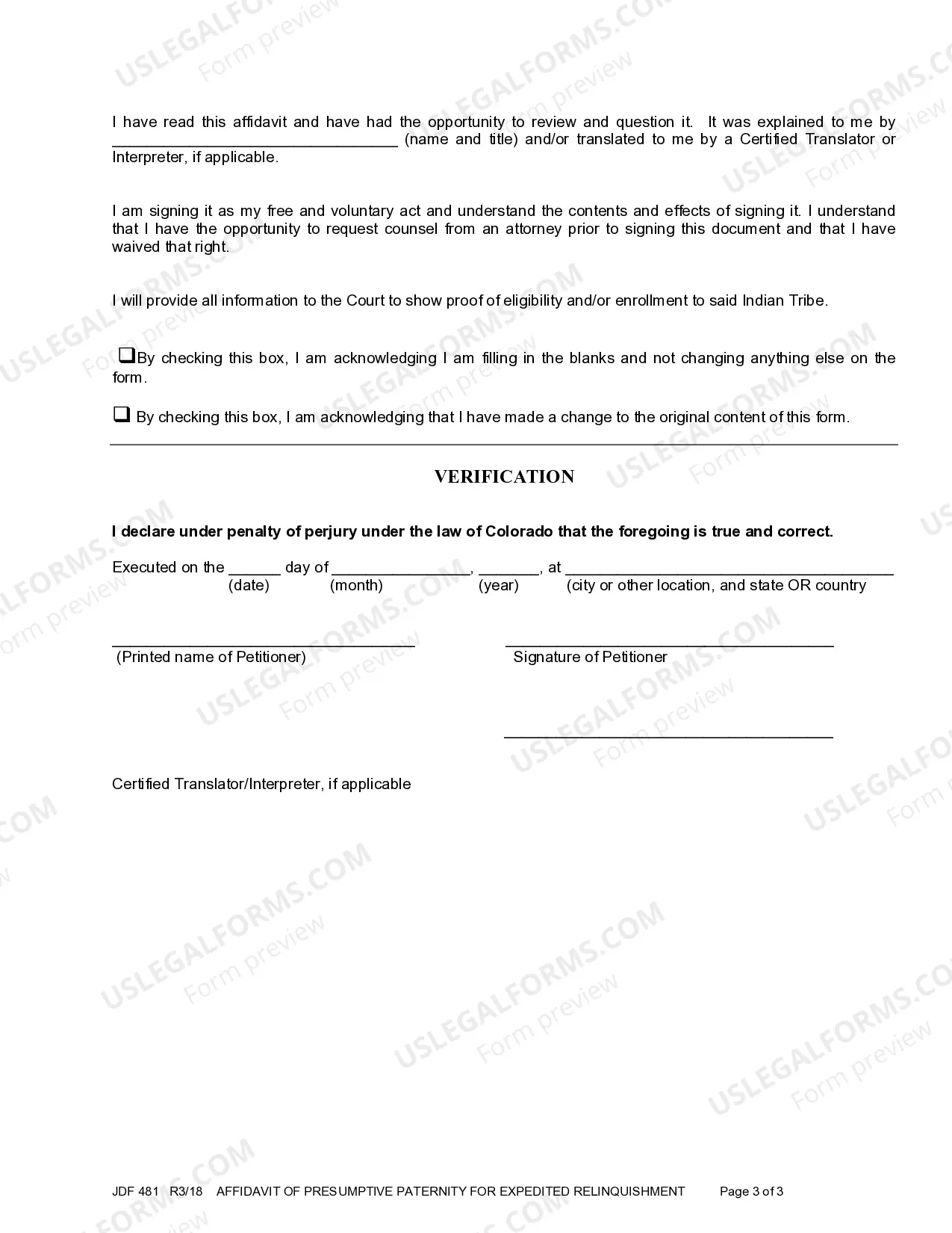 Preview Affidavit of Presumptive Paternity for Expedited Relinquishment