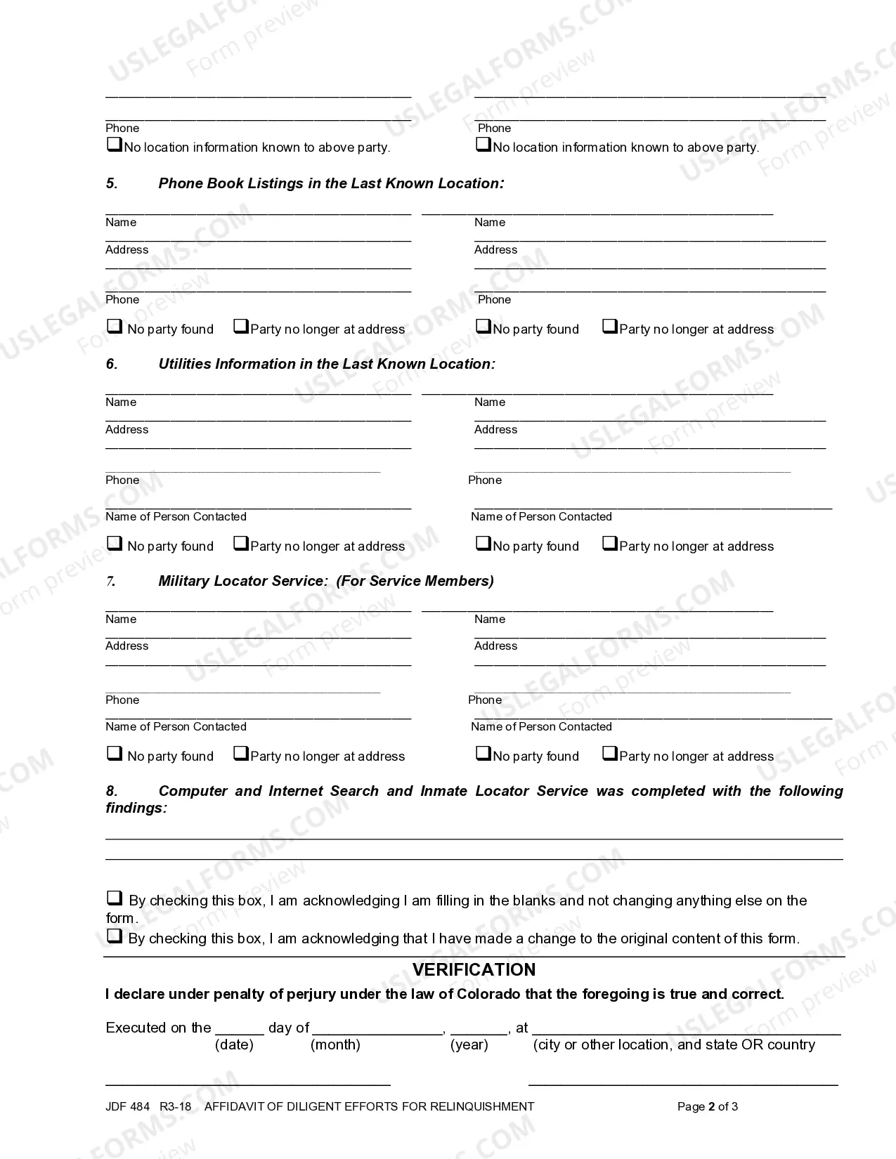 Preview Affidavit of Diligent Efforts for Relinquishment