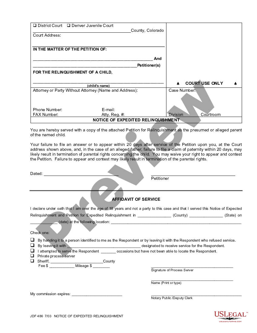 Colorado Notice of Expedited Relinquishment - Release of Parental ...