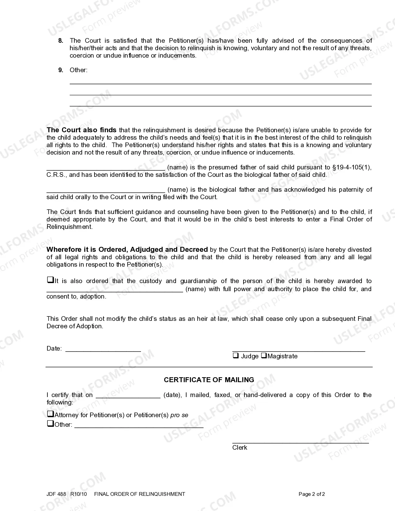 Preview Final Order of Relinquishment - Release of Parental Rights
