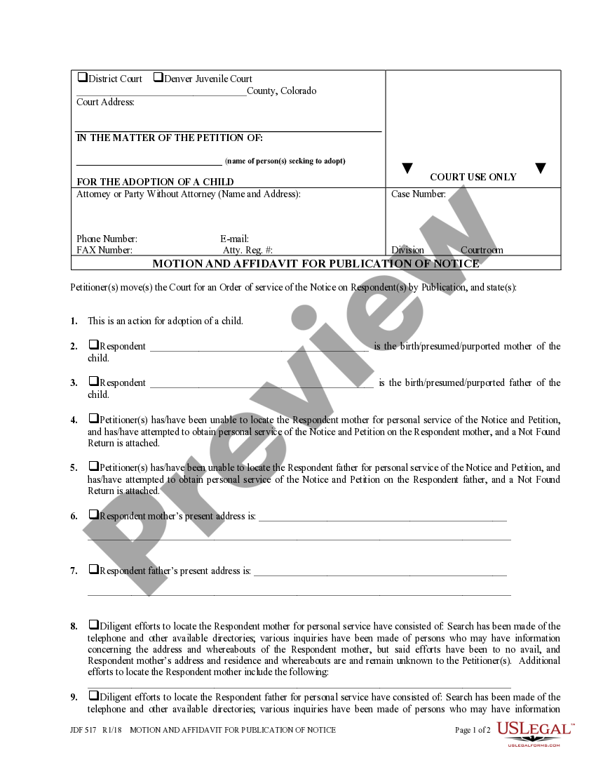 Fort Collins Colorado Motion and Affidavit for Publication of Notice