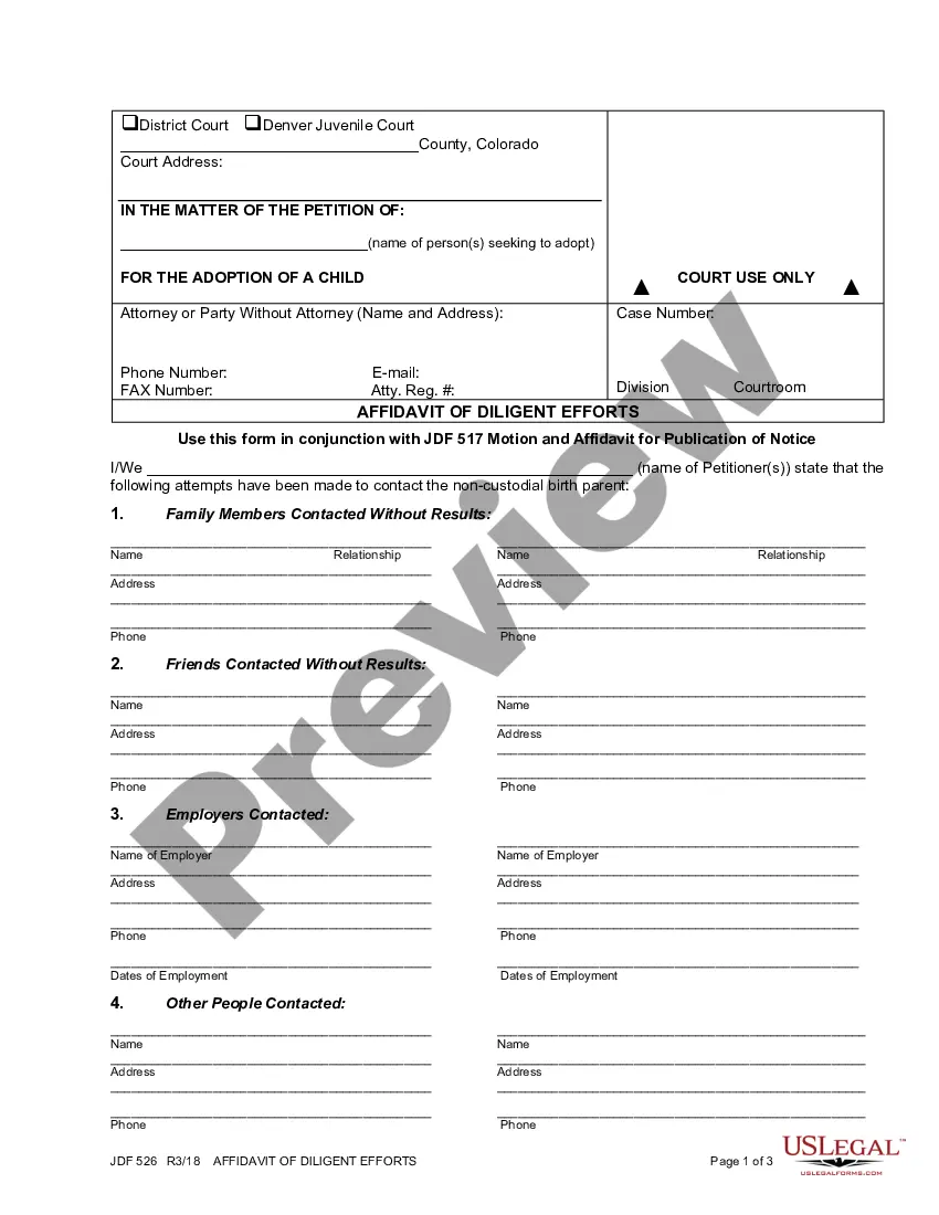 Centennial Colorado Affidavit Of Diligent Efforts Us Legal Forms 7400