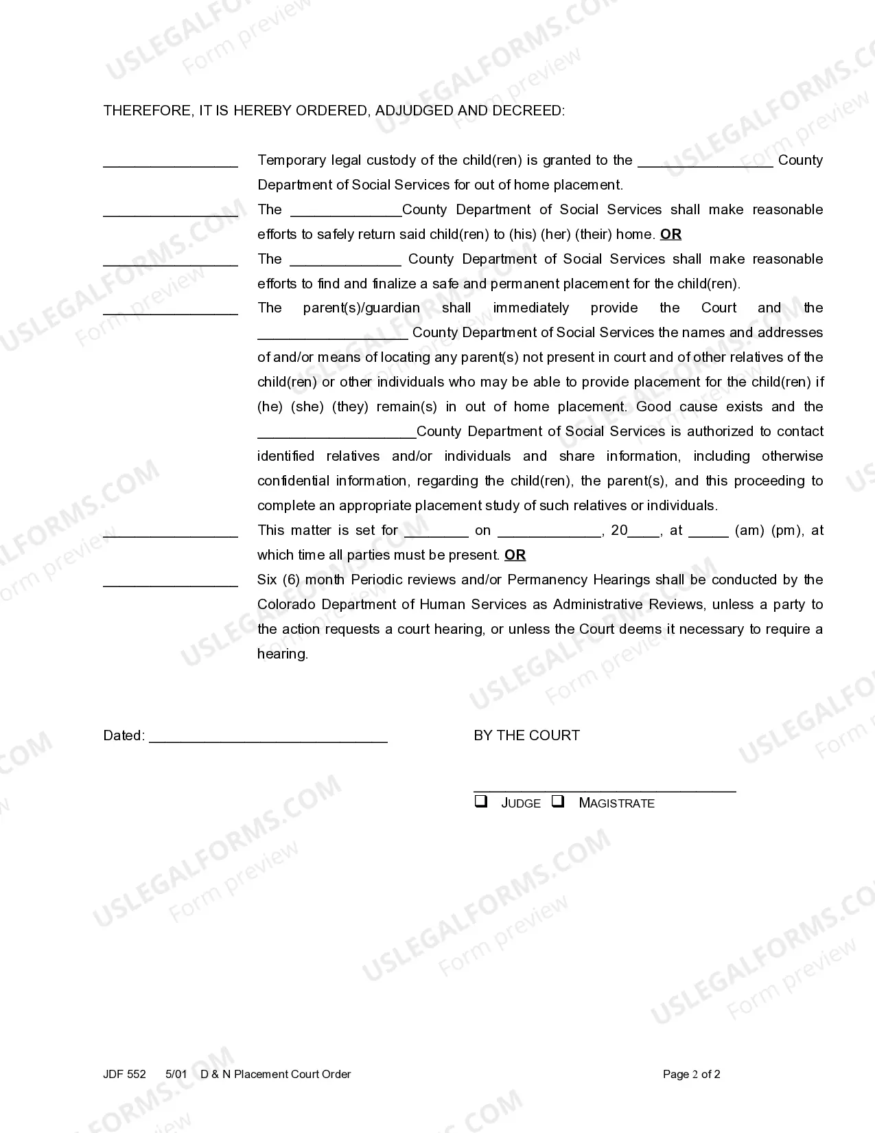 Preview Dependency and Neglect Placement Court Order
