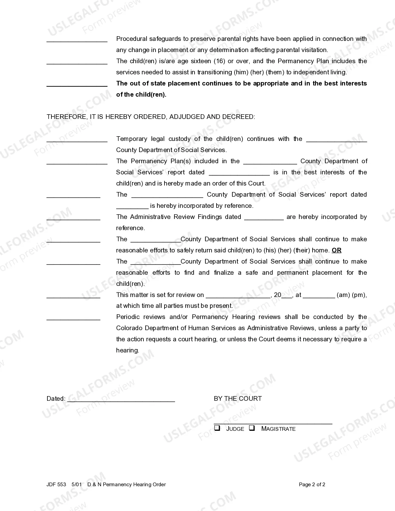 Preview Dependency and Neglect Permanency Hearing Order