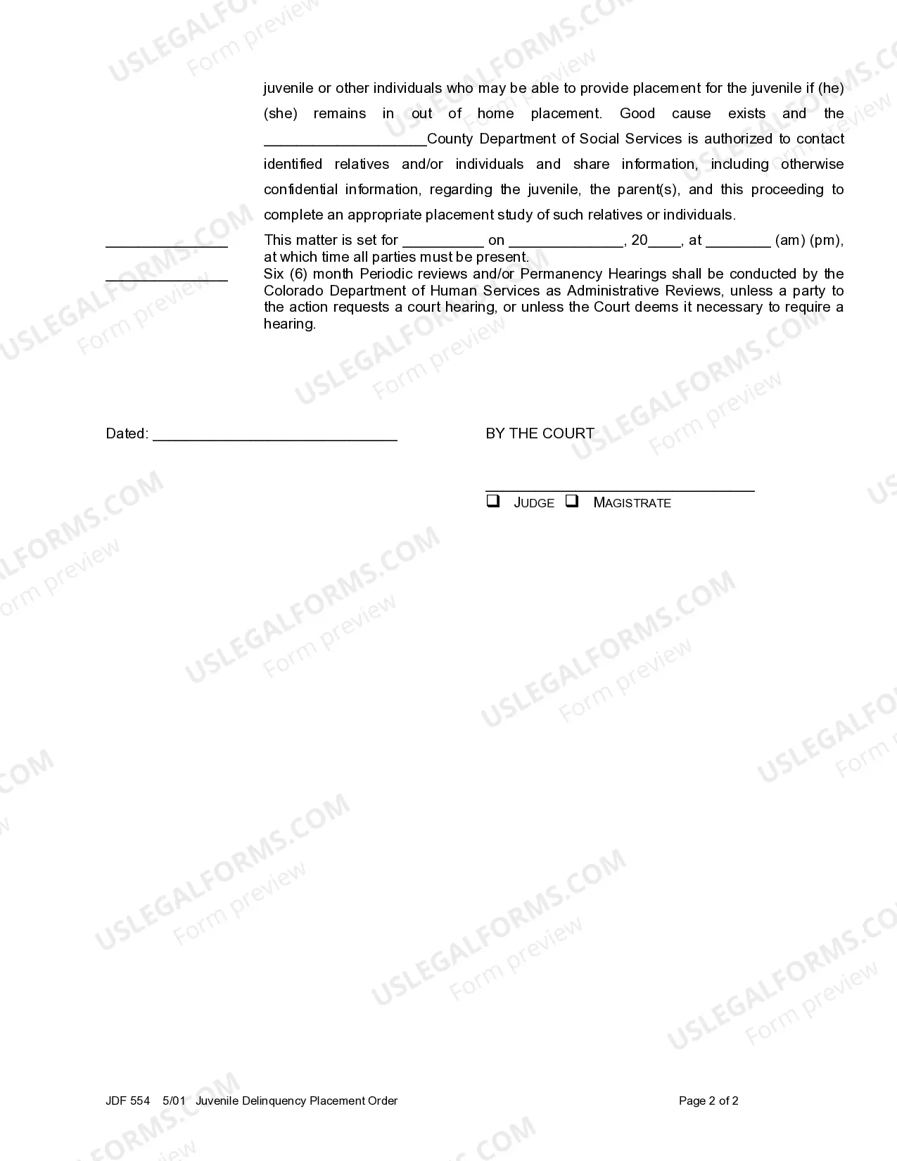 Preview Juvenile Delinquency Placement Order