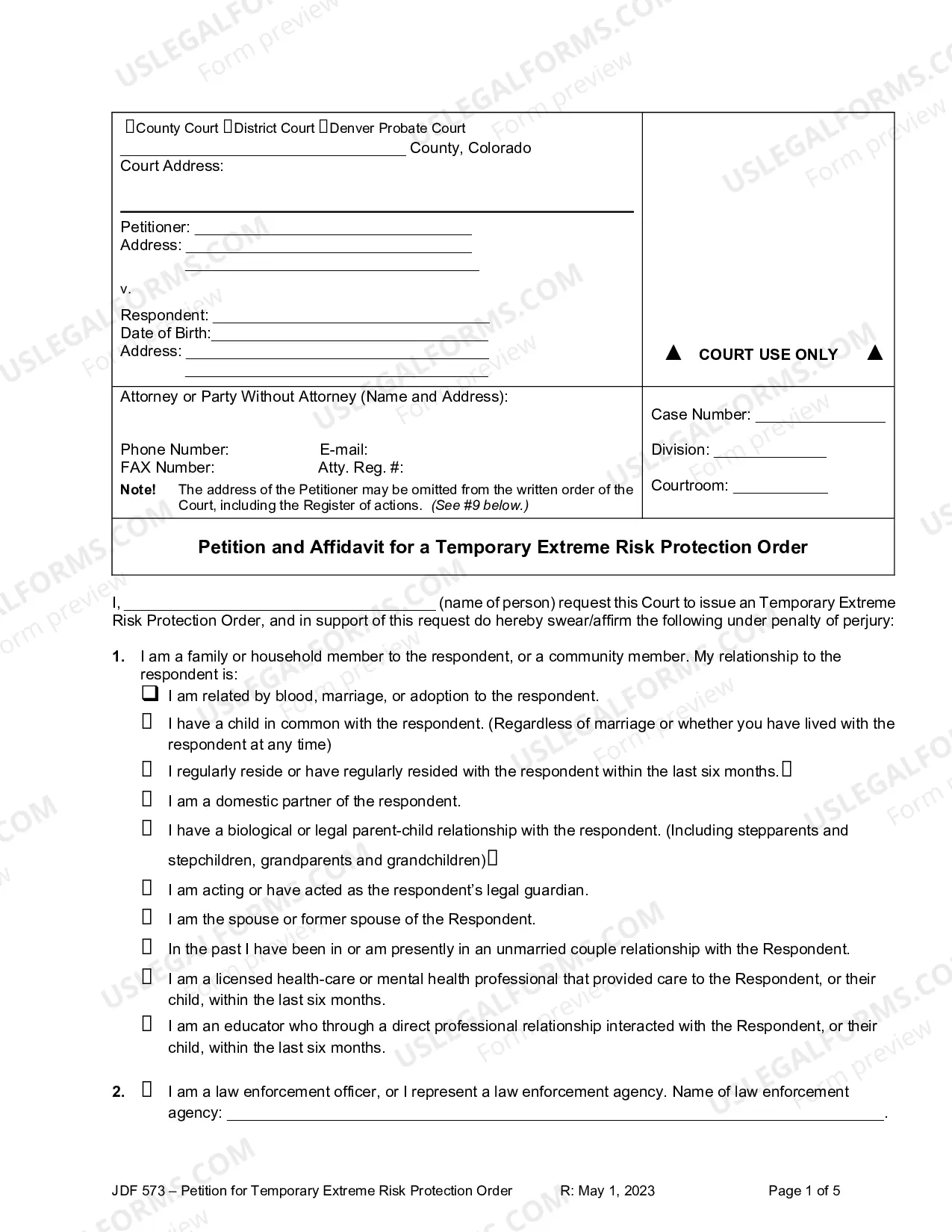 Colorado Petition and Affidavit for Temporary Extreme Risk Protection ...