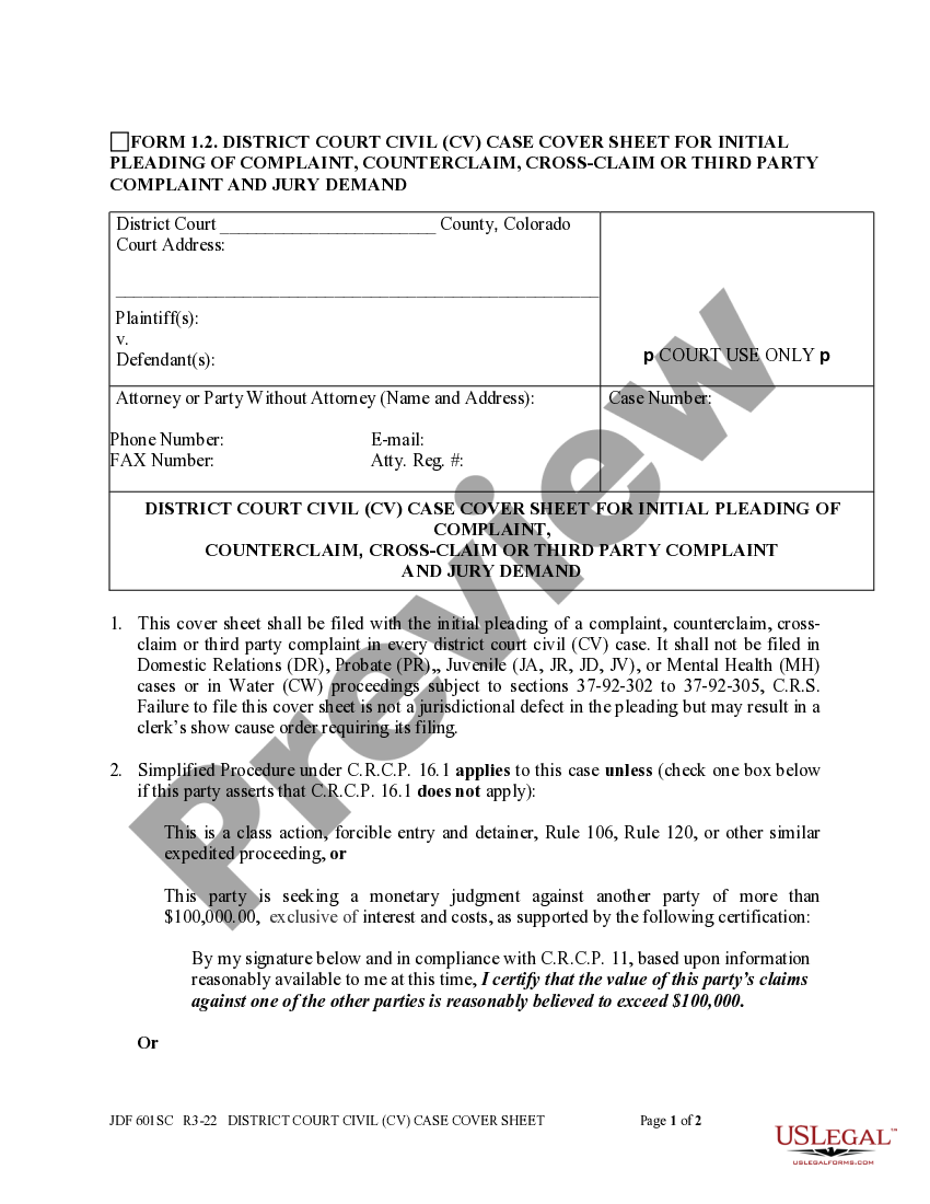 Centennial Colorado District Court Civil Cv Case Cover Sheet For 