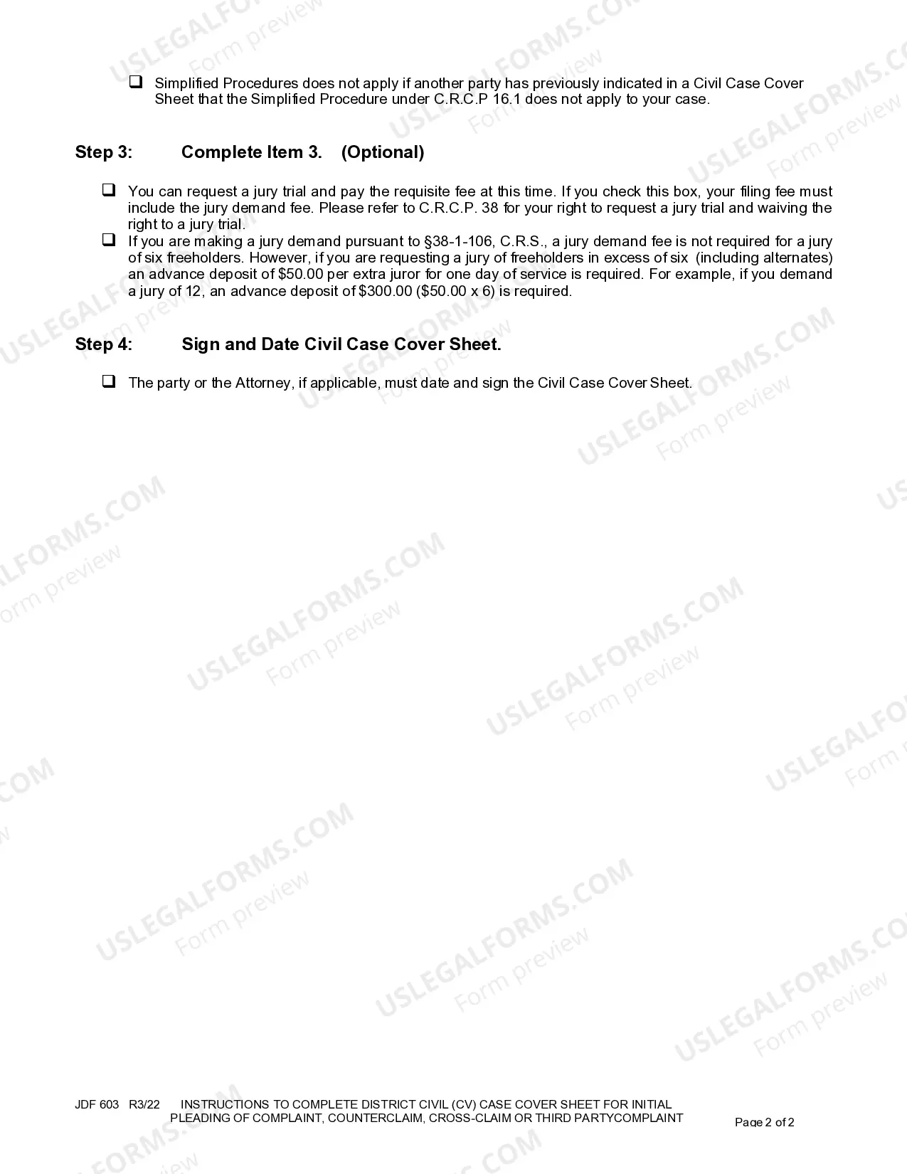 Preview Instructions To Complete District Civil (Cv) Case Cover Sheet JDF 601 For Initial Pleading Of Complaint, Counterclaim, Cross-Claim, Or Third Party Complaint, Rule 16.1 Simplified Procedure