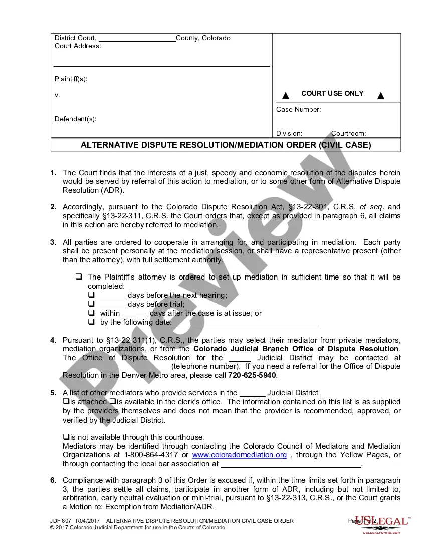 Colorado Alternative Dispute Resolution Mediation Order Civil Case Us Legal Forms