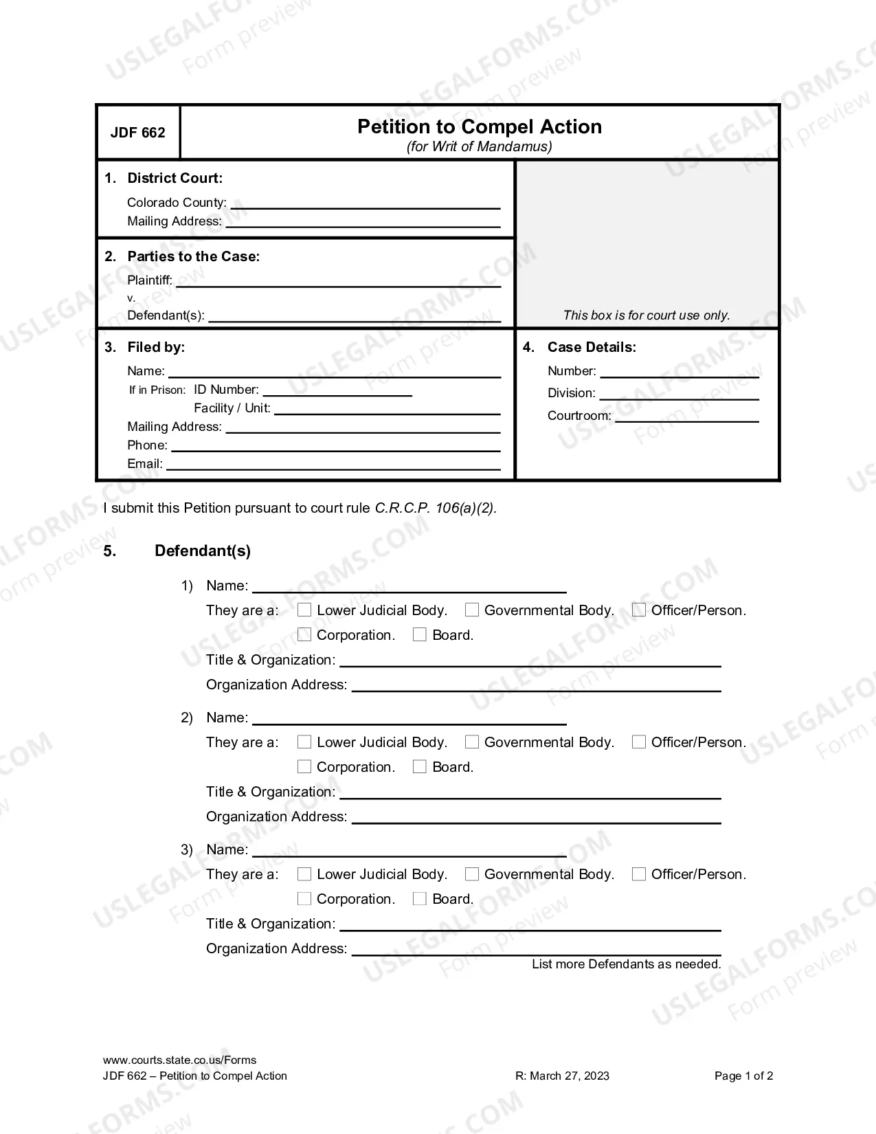 662 Form Colorado Petition to Compel Action for Writ of Mandamus | US Legal Forms