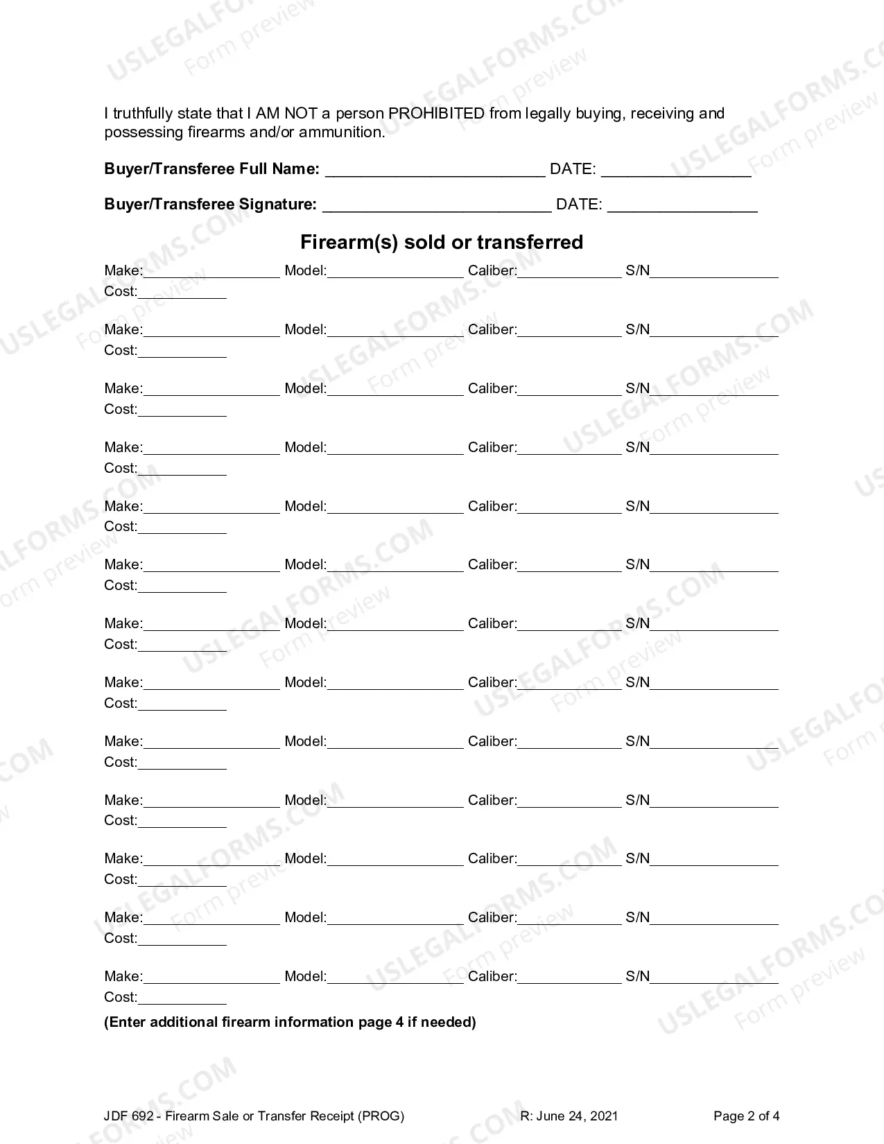 Preview Firearm Sale or Transfer Receipt - Civil Permanent Protection Order