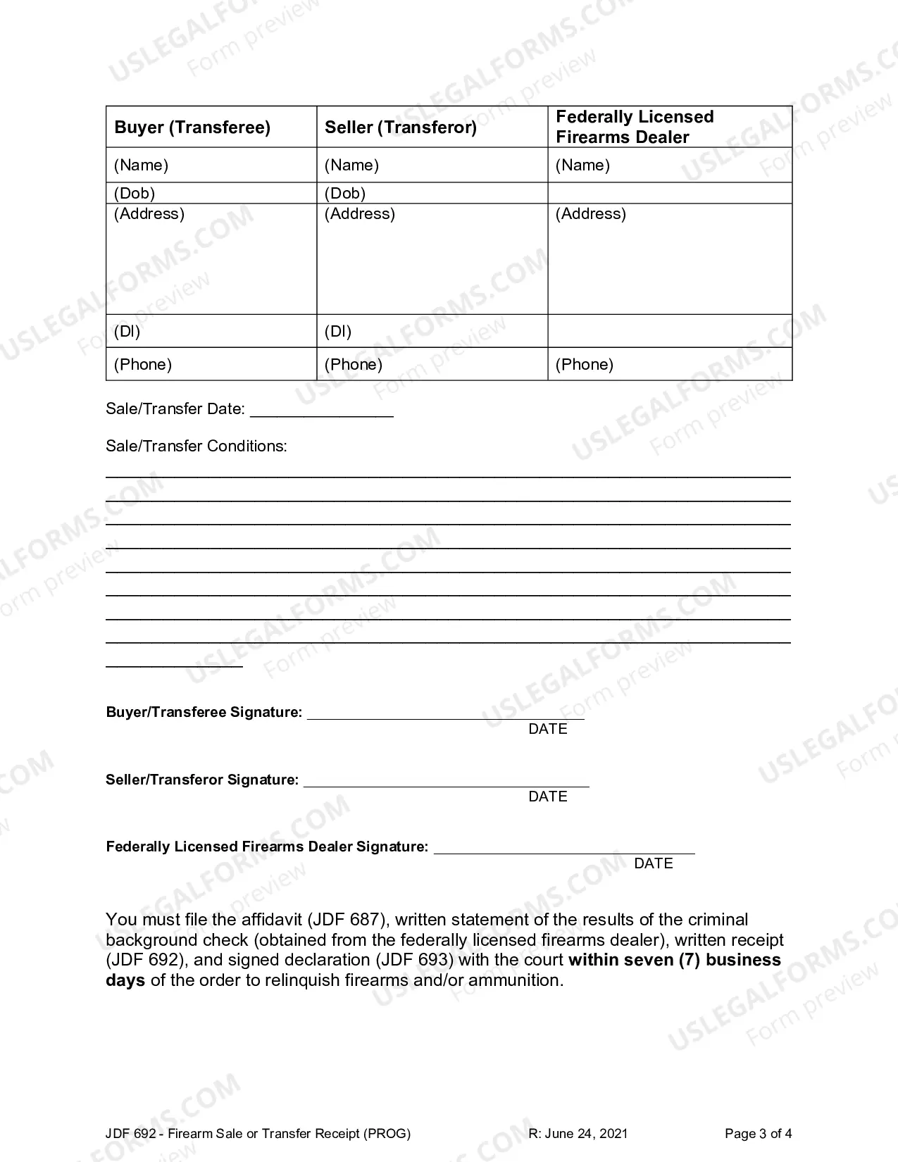 Preview Firearm Sale or Transfer Receipt - Civil Permanent Protection Order
