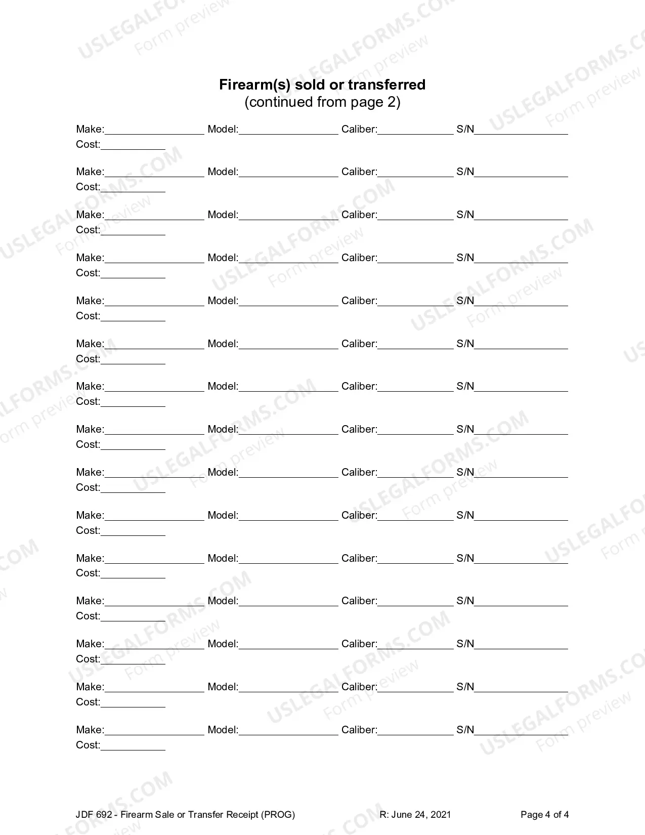 Preview Firearm Sale or Transfer Receipt - Civil Permanent Protection Order