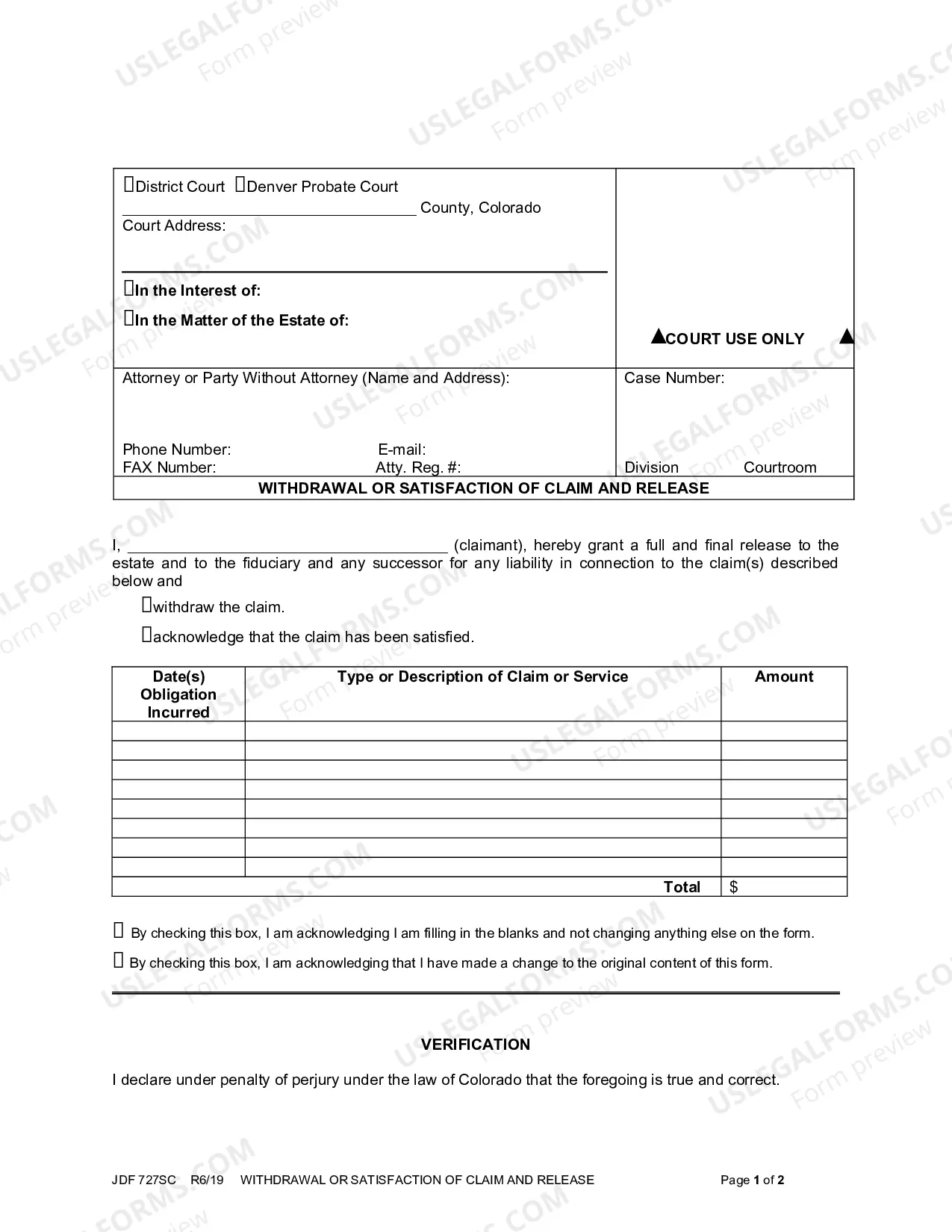 Preview Withdrawal or Satisfaction of Claim and Release - Probate Court