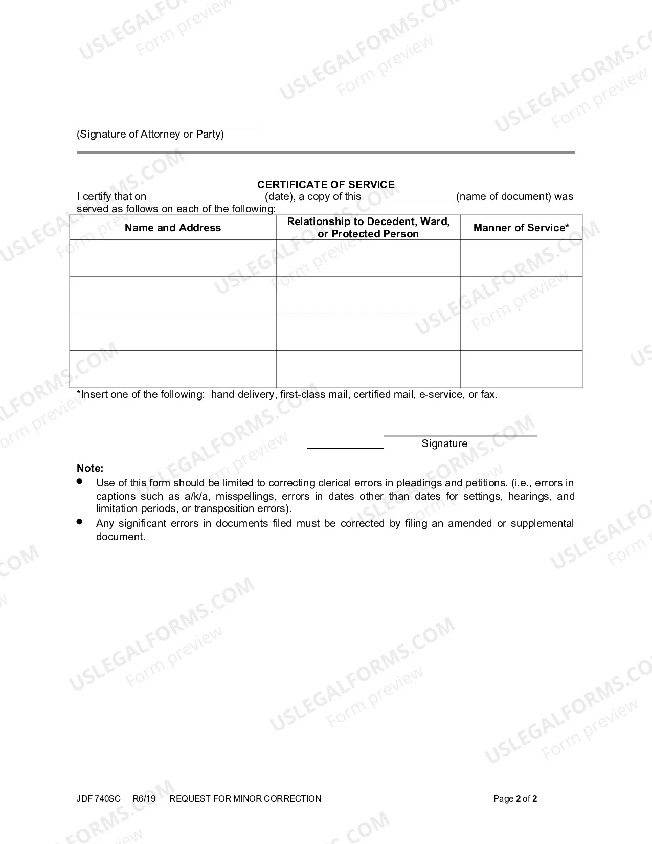Preview Request for Minor Correction - Probate Court
