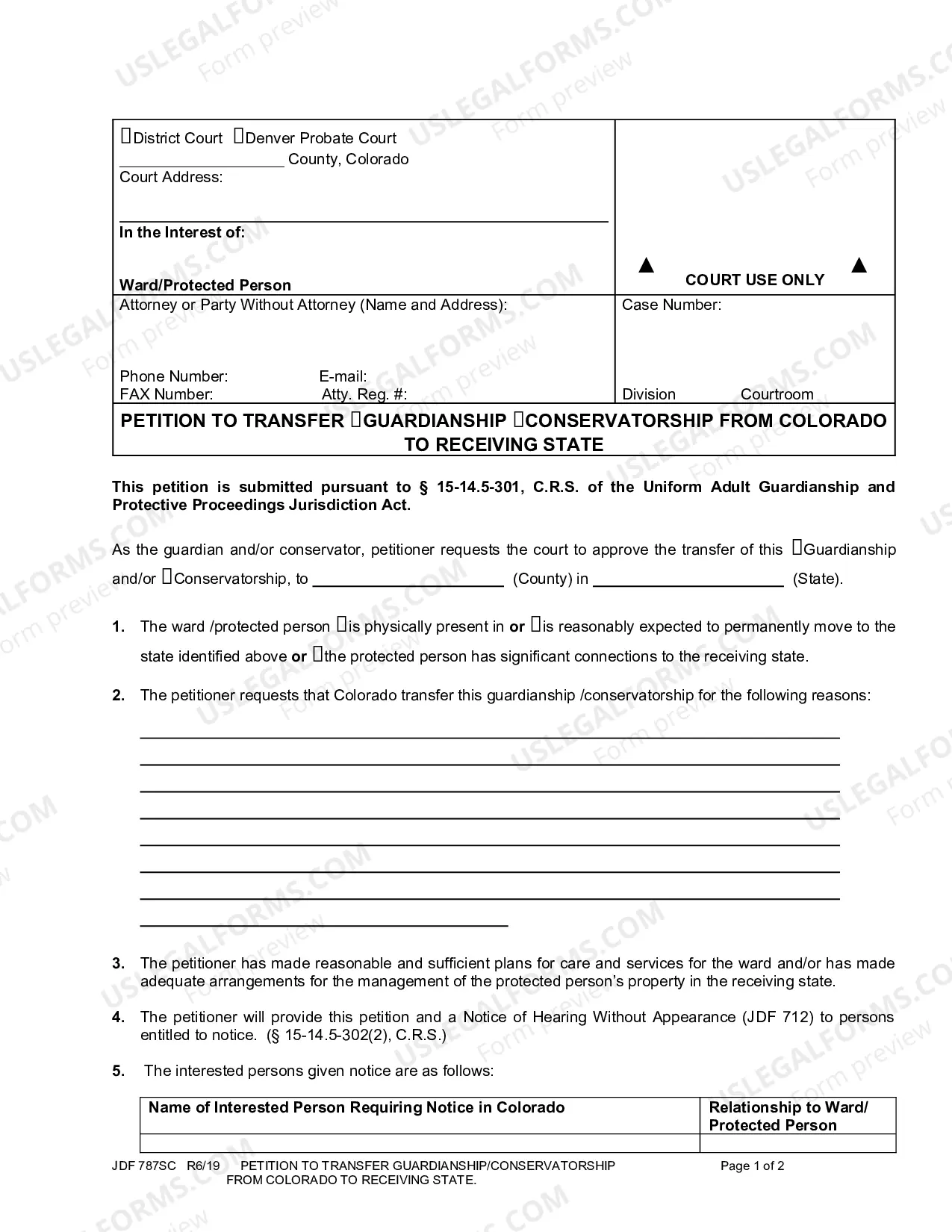 Preview Petition to Transfer Guardianship and/or Conservatorship from Colorado to Receiving State