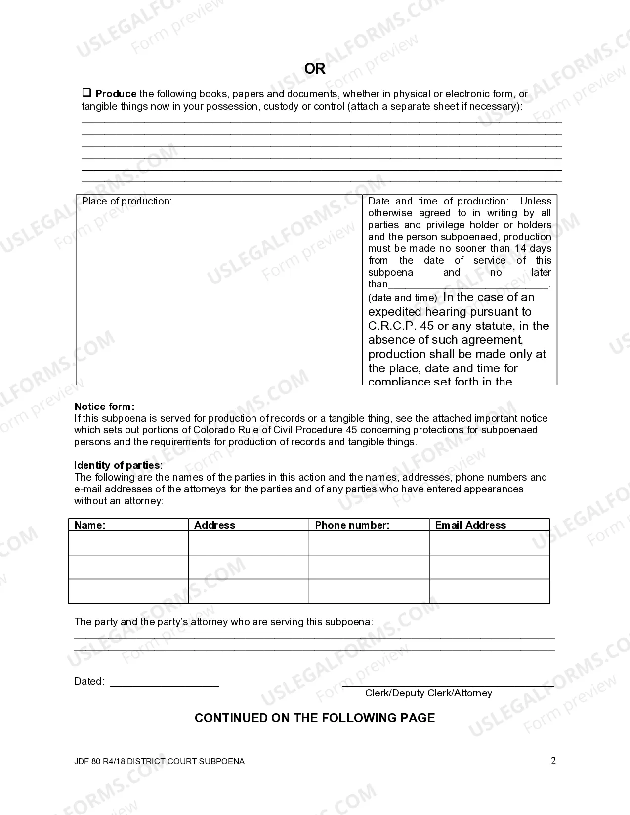 Preview Subpoena to Appear or Produce - District Court