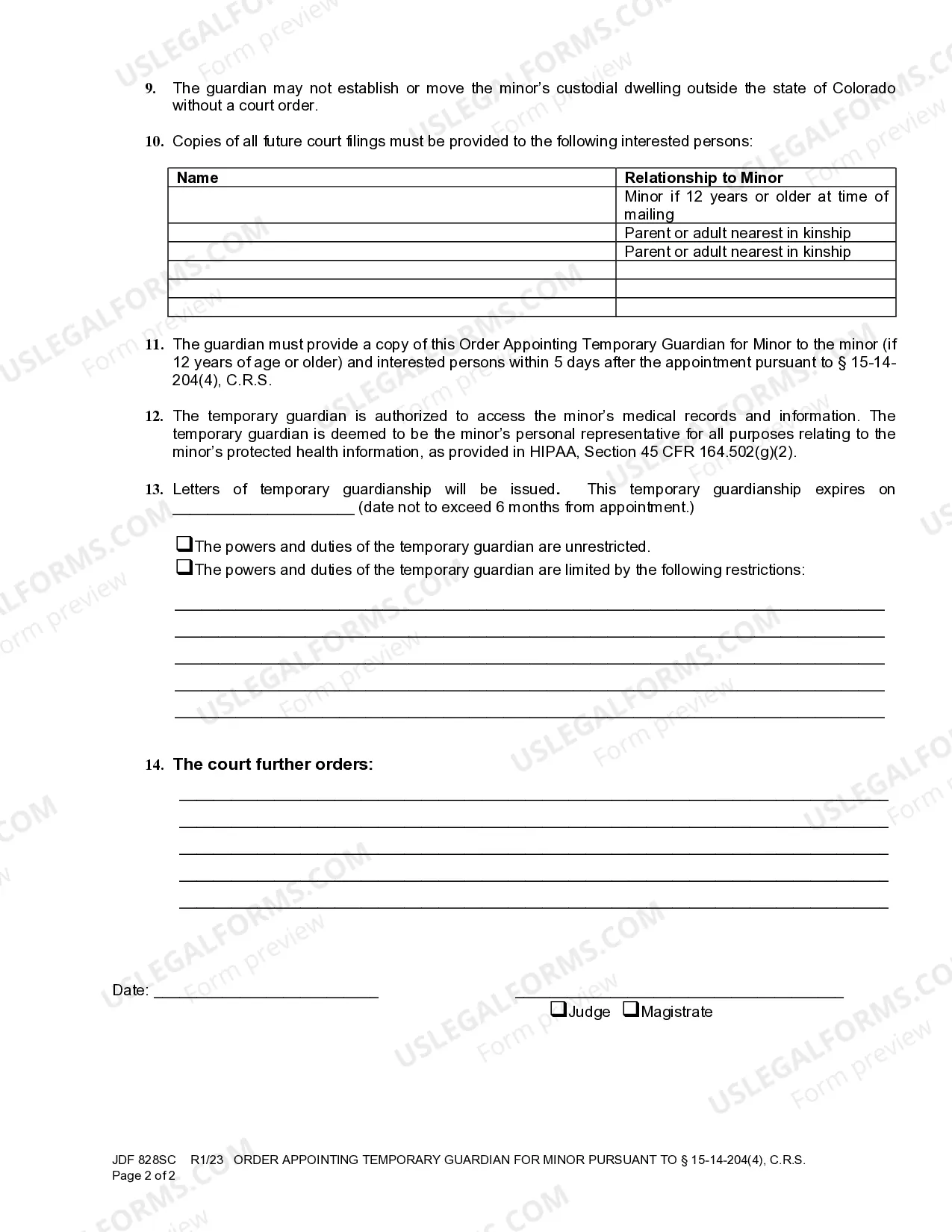 Preview Order Appointing Temporary Guardian for Minor