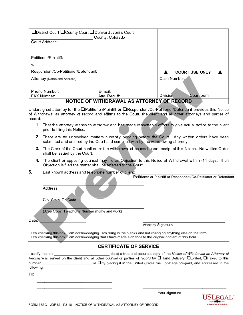 Colorado Notice of Withdrawal as Attorney of Record - What Does Notice ...