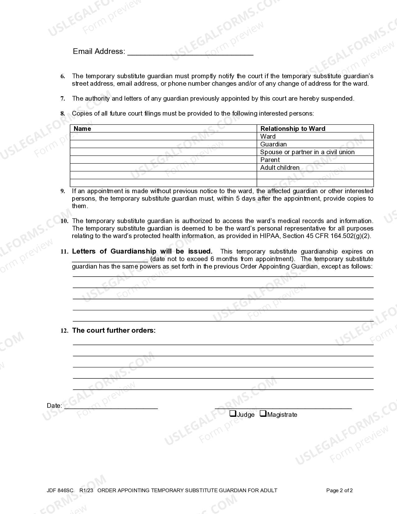 Colorado Order Appointing Temporary Substitute Guardian For Adult | US ...