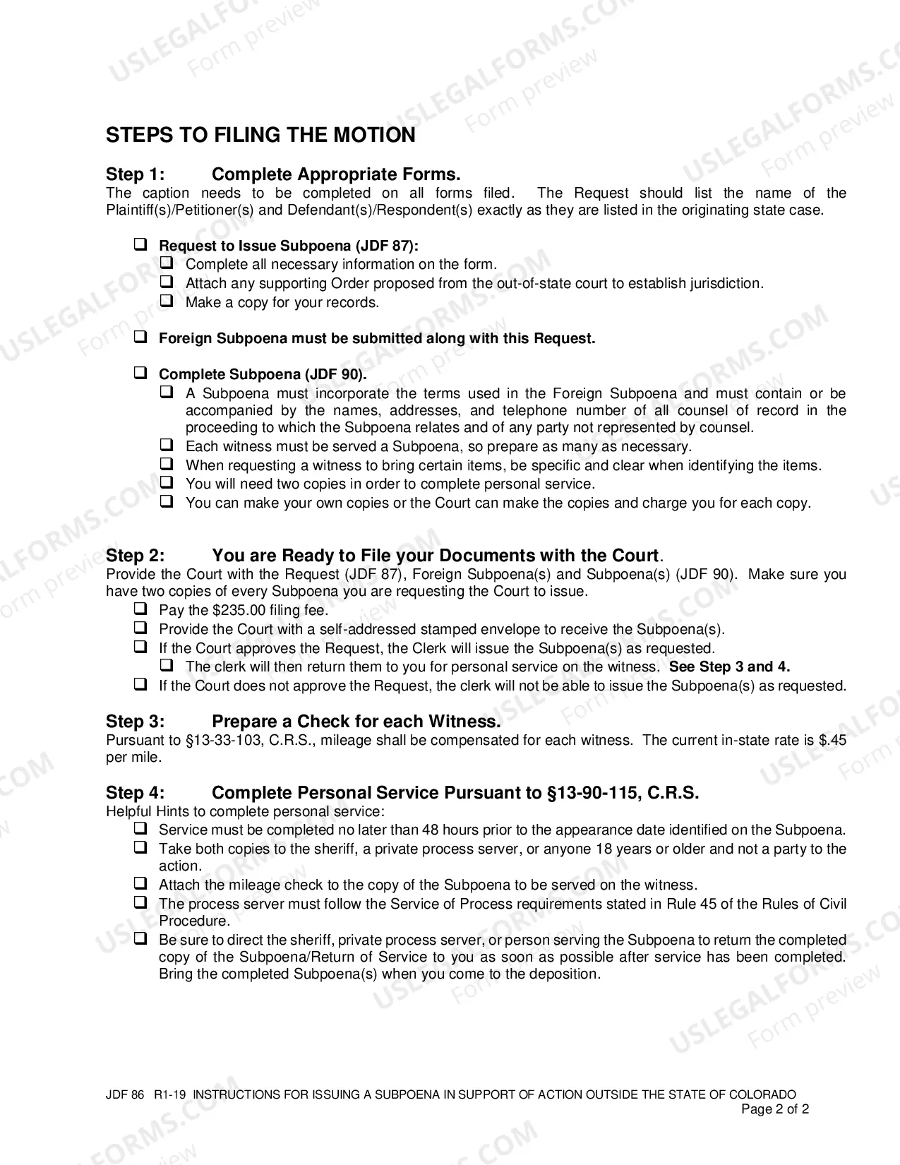 Preview Instructions for Issuing a Subpoena in Support of an Action Outside the State of Colorado