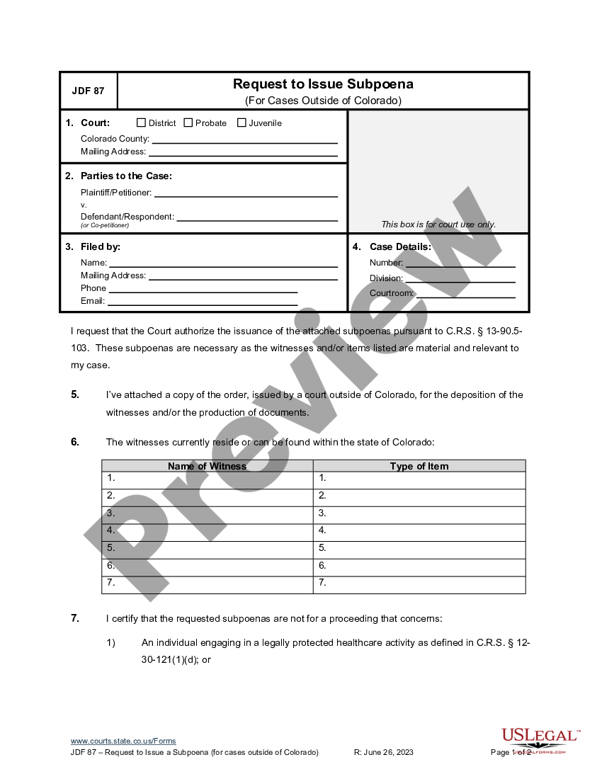 Motion To Issue Subpoena Subpoena Duces Tecum In Support Of Action Outside The State Of