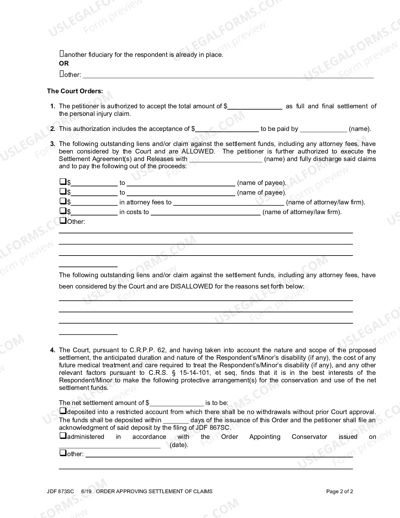 Preview Order Approving Settlement of Claims