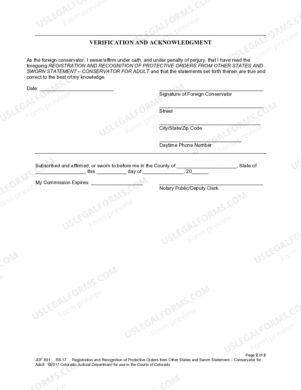 Preview Registration and Recognition of Protective Order from Other States and Sworn Statement - Conservatorship for Adult