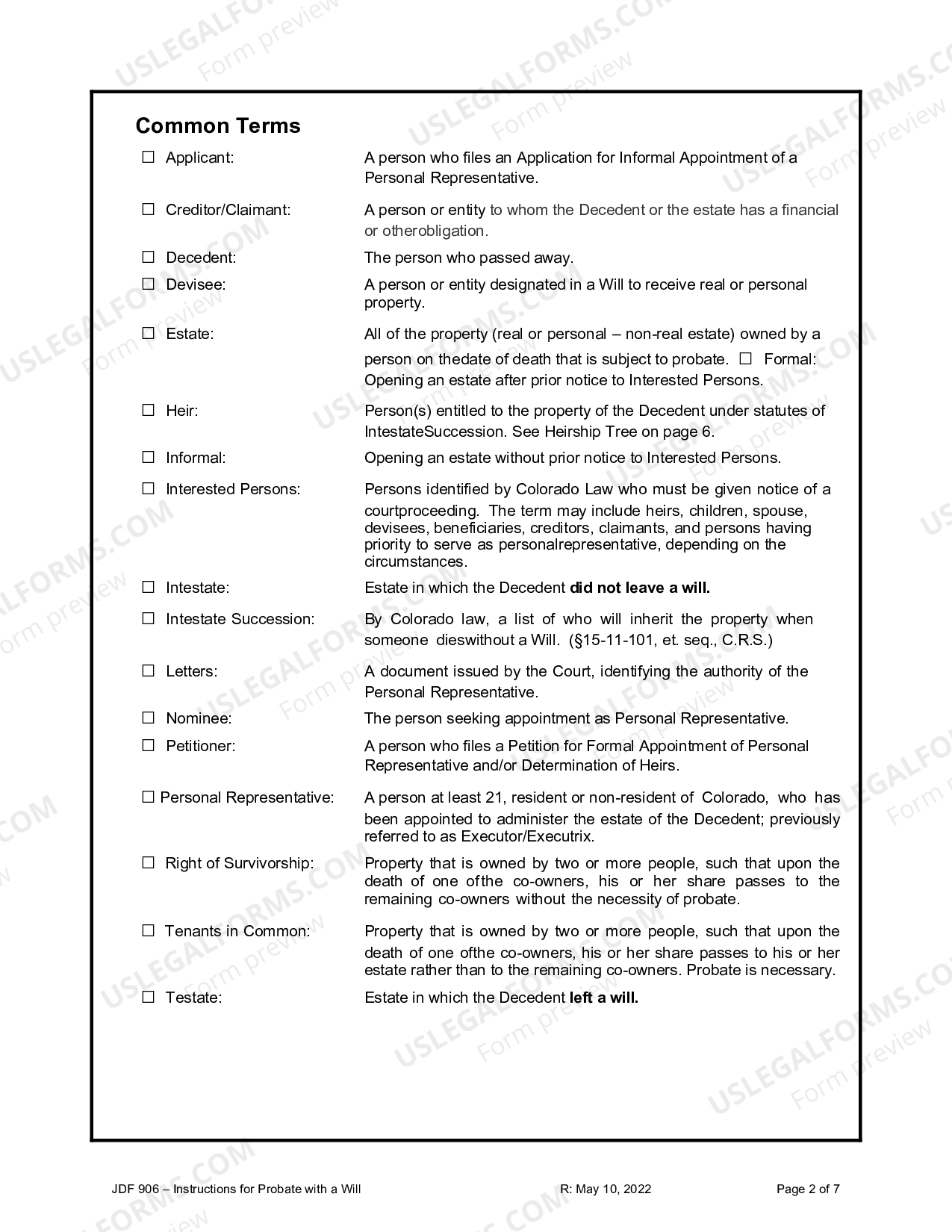 Colorado Instructions For Probate With A Will 3jdf US Legal Forms