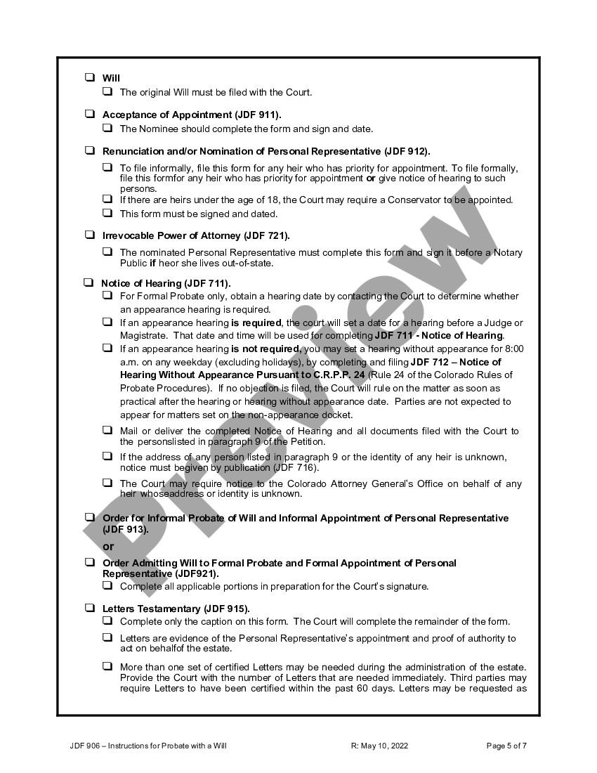 Colorado Instructions For Probate With A Will 3jdf Us Legal Forms 9377