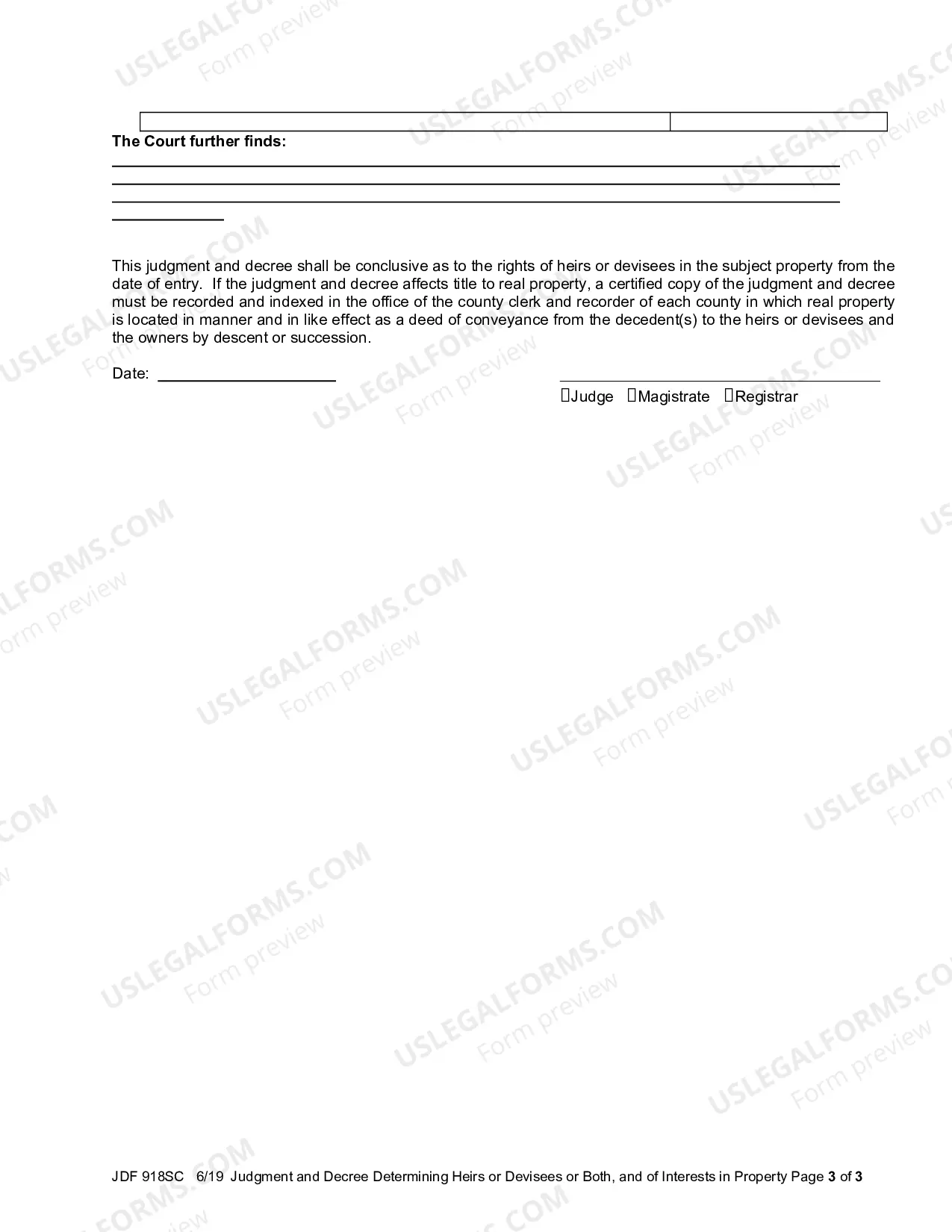 Preview Judgment and Decree Determining Heirs or Devisees or Both and of Interests in Property