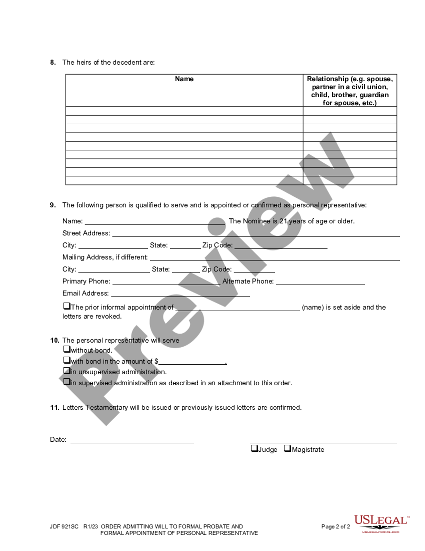 Colorado Order Admitting Will To Formal Probate And Formal Appointment Of Personal