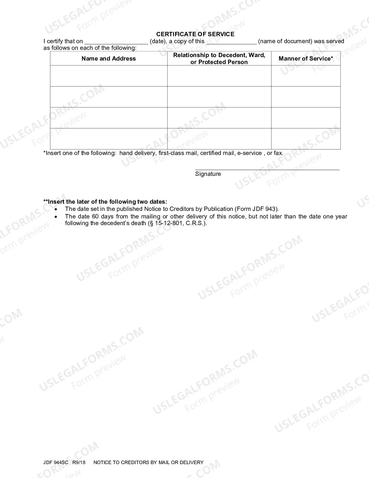 Preview Notice to Creditors by Mail or Delivery