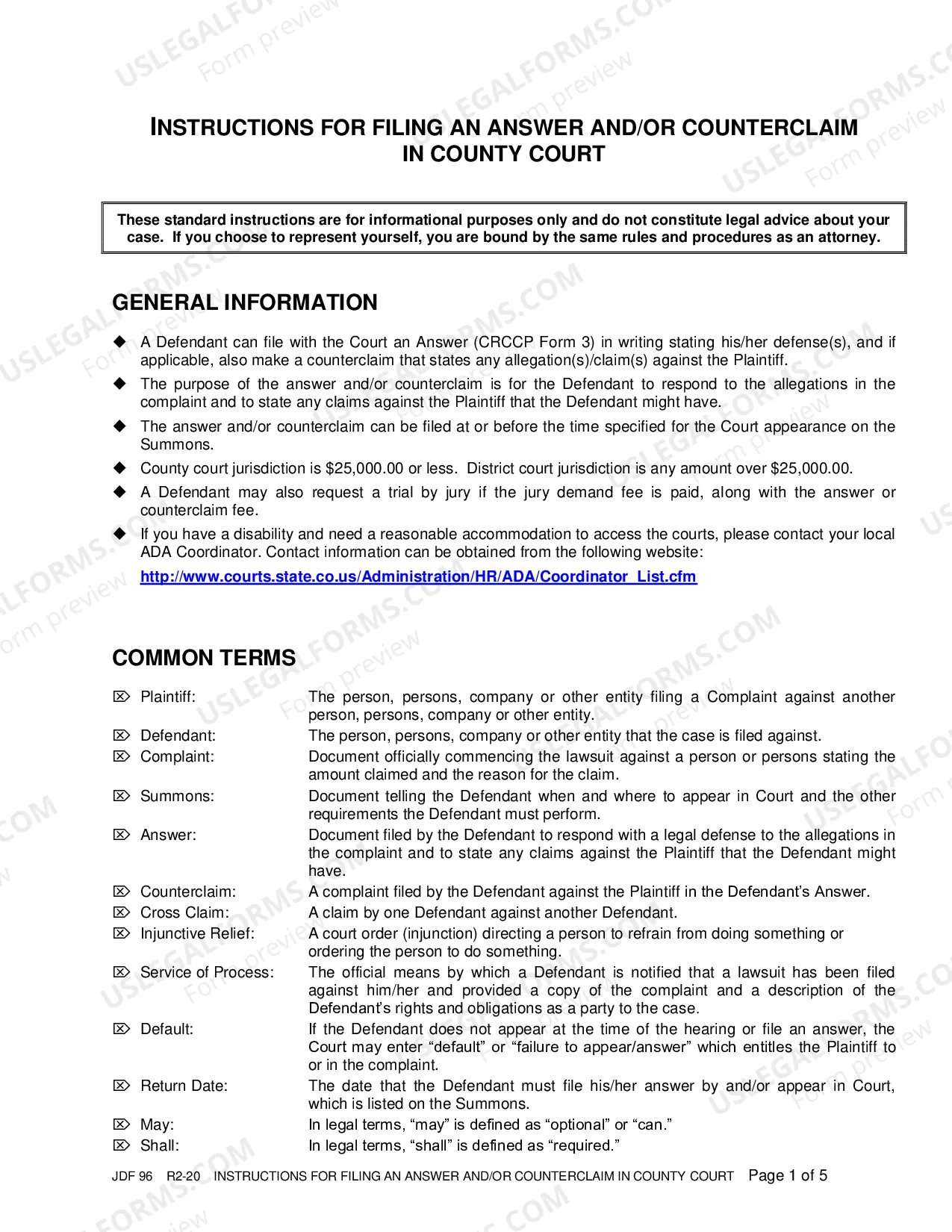 Preview Instructions for Filing an Answer and/or Counterclaim