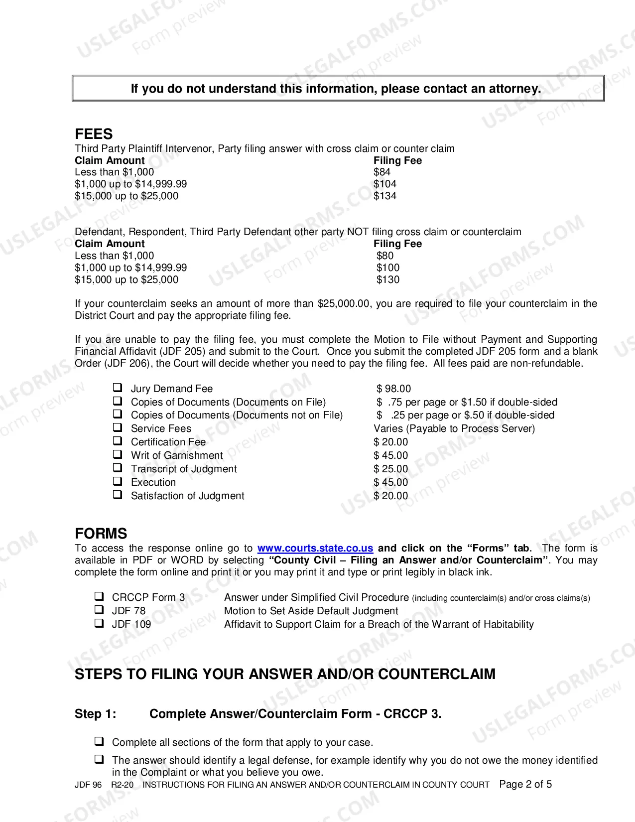 Preview Instructions for Filing an Answer and/or Counterclaim