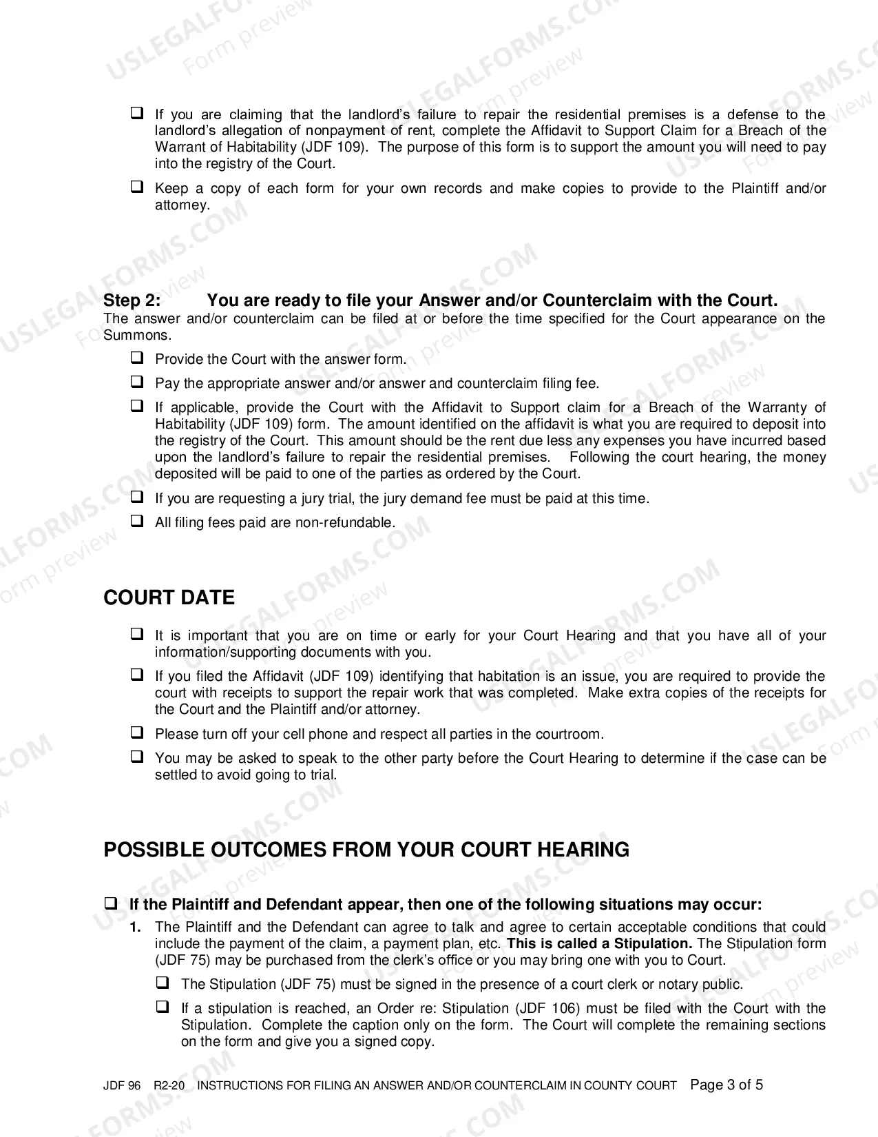 Preview Instructions for Filing an Answer and/or Counterclaim