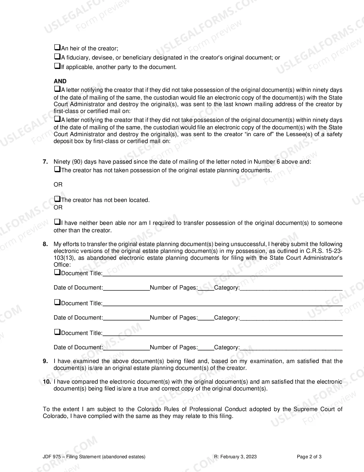 Preview Filing Statement for the Submission of Abandoned Estate Planning Documents to the State Court Administrator's Office