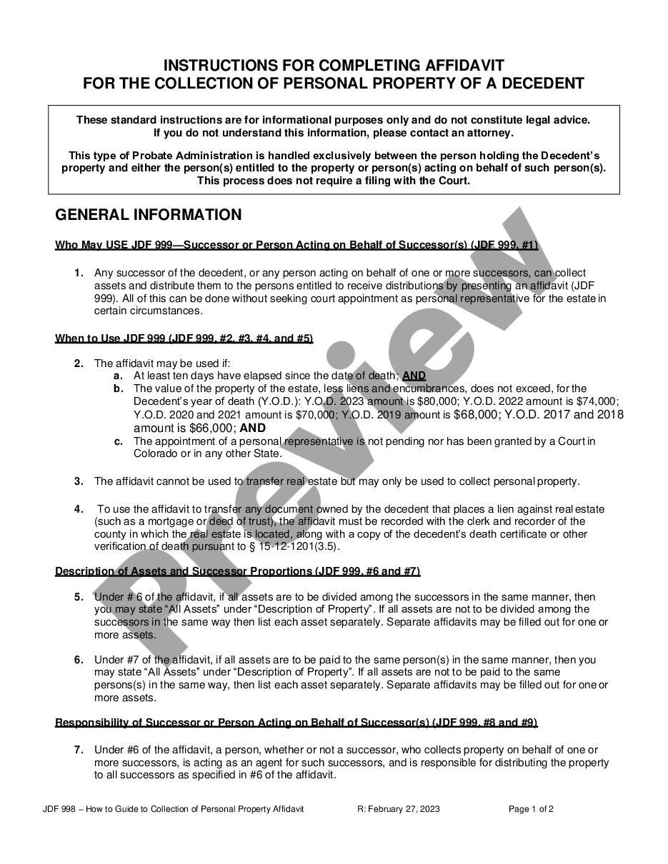 Colorado Instructions For Completing Small Estate Affidavit For The Collection Of Personal 5243