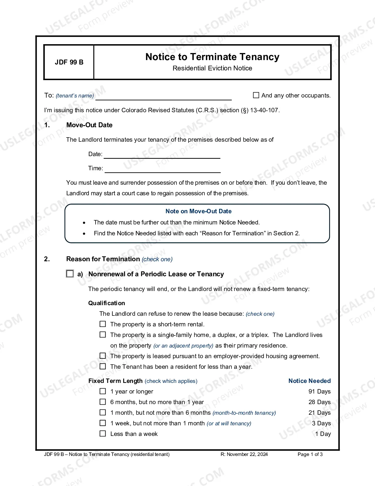 Preview Notice to Terminate Tenancy - Residential Eviction Notice
