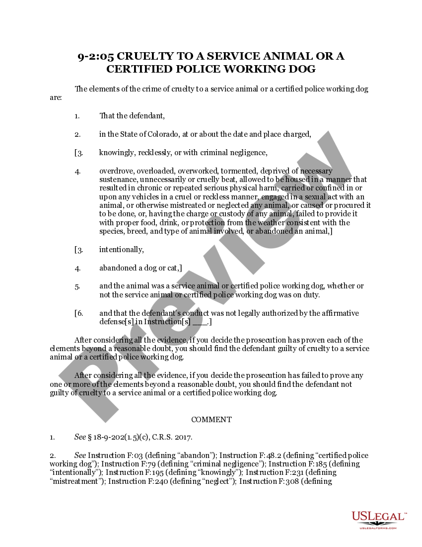 Colorado CRUELTY TO A SERVICE ANIMAL OR A CERTIFIED POLICE WORKING DOG