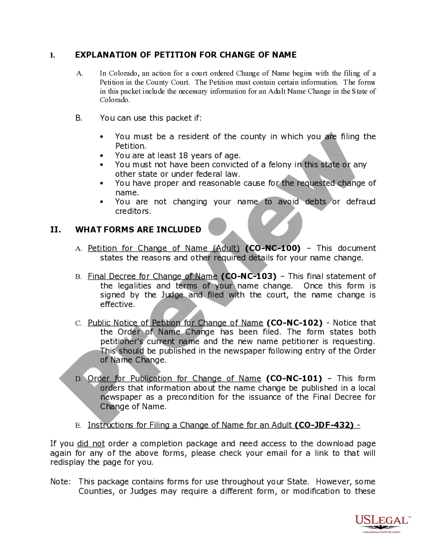 Preview Colorado Name Change Instructions and Forms Package for an Adult