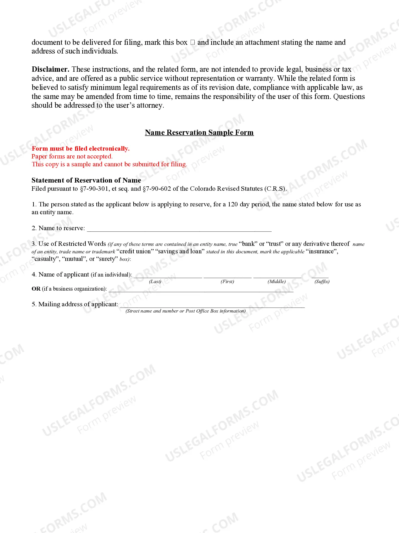 Preview Instructions and Sample Form for Name Reservation