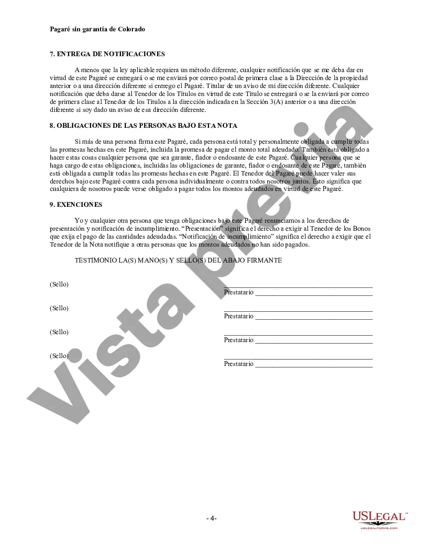 Preview Pagaré de pago a plazos no garantizado de Colorado para tasa fija