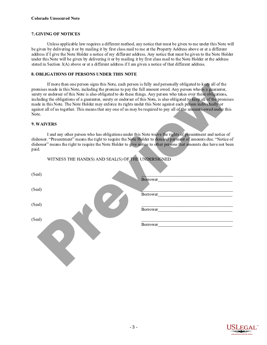 form Colorado Unsecured Installment Payment Promissory Note for Fixed Rate preview
