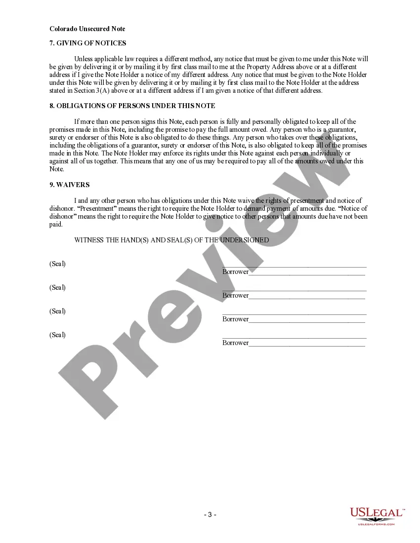 Preview Colorado Unsecured Installment Payment Promissory Note for Fixed Rate